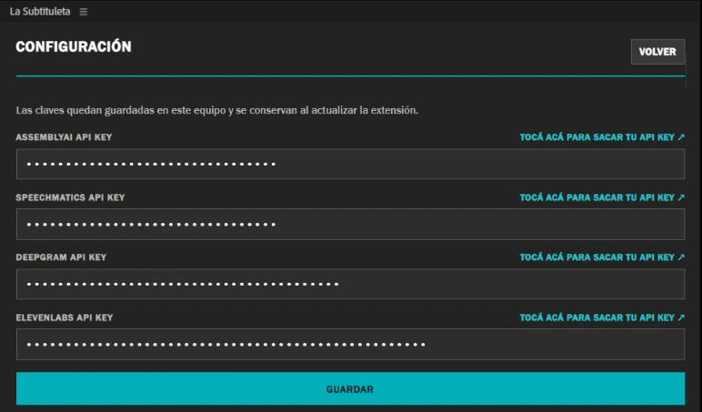 Pantalla de Configuración de La Subtituleta con los campos para pegar las API keys de AssemblyAI, Speechmatics, Deepgram y ElevenLabs