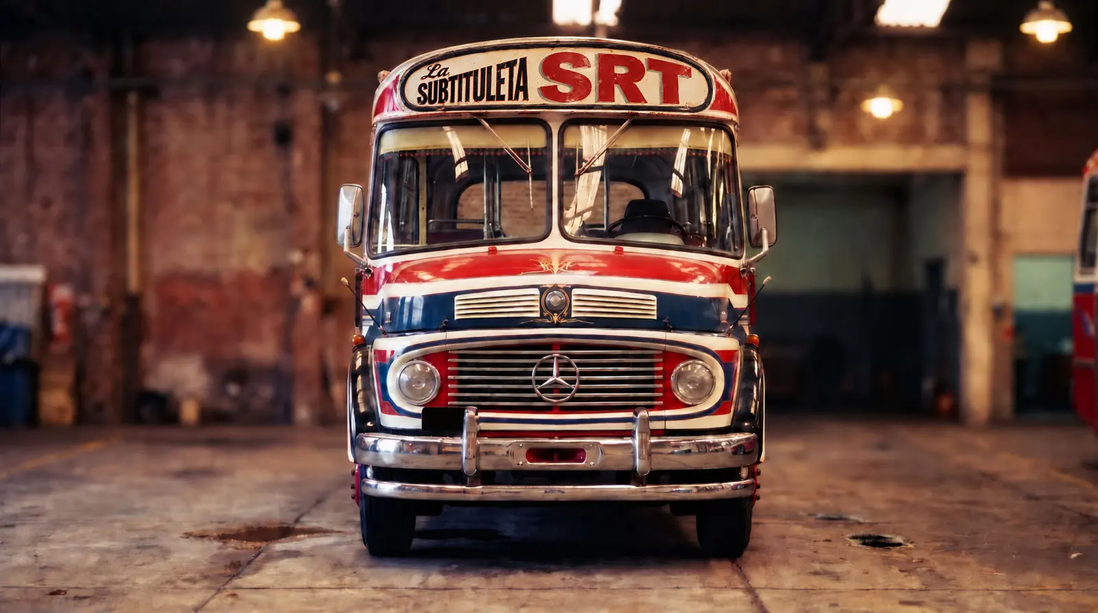Un colectivo antiguo rojo, azul y crema, visto de frente dentro de un galpón