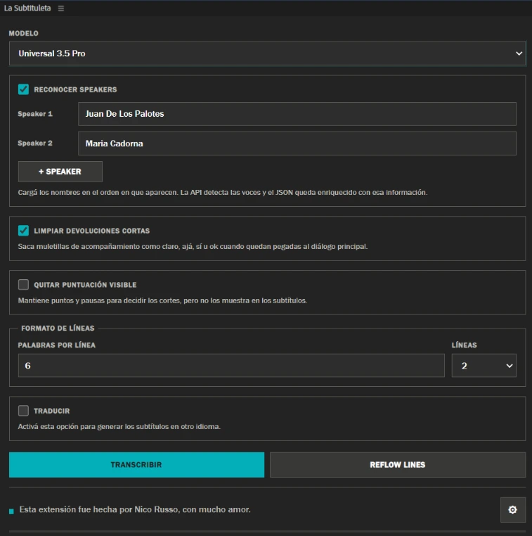 El panel de La Subtituleta dentro de Premiere Pro: selector de modelo, reconocimiento de speakers, formato de líneas y los botones Transcribir y Reflow Lines